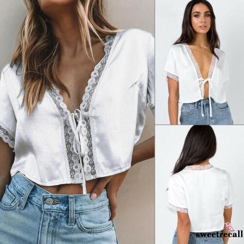 L.e-us Nữ Thời Trang Ren Lụa Satin Tay Ngắn Crop Top Áo Thun Áo Tee Áo