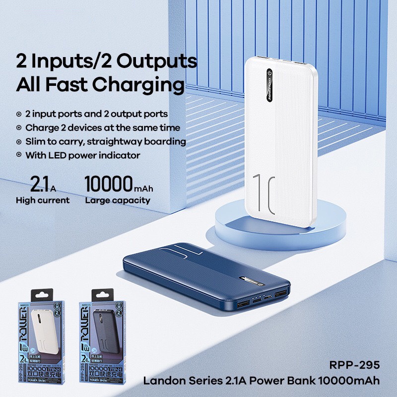 Pin Sạc Dự Phòng 10000mah Remax RPP 295  Lõi Polymer 2 Cổng Sạc Vào, 2 Cổng Sạc Ra Nhỏ Gọn Dễ Mang ĐI