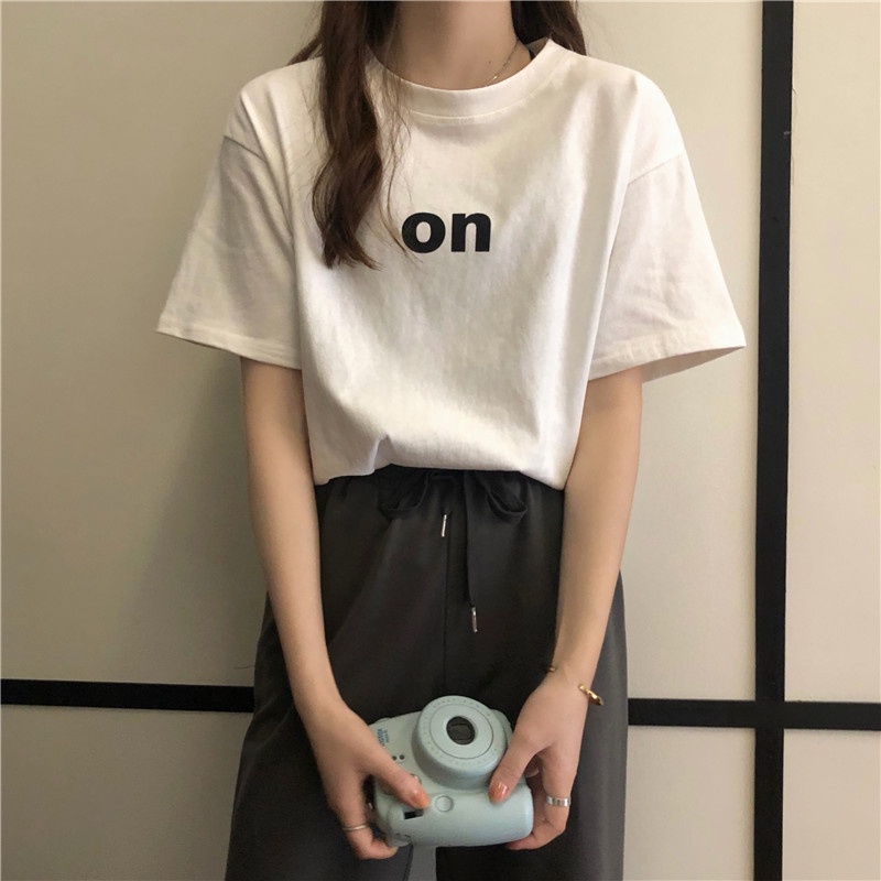 Áo Thun Nữ Ngắn Tay Cổ Tròn In Chữ Phong Cách Hàn Quốc