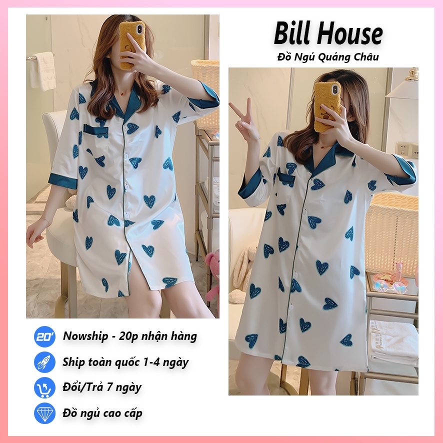 Váy ngủ nữ lụa sơ mi cao cấp bigsize tay lỡ dài qua gối chất mềm mịn mùa hè VN04