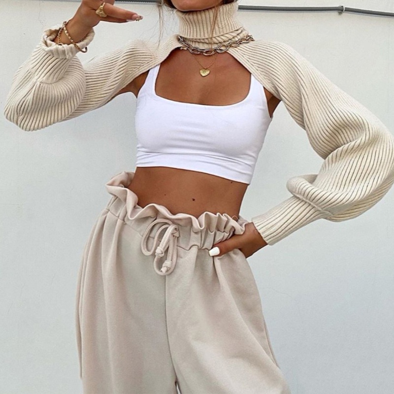 Áo Sweater Croptop Dệt Kim Tay Phồng Dài Cổ Lọ Màu Sắc Đơn Giản Cho Nữ