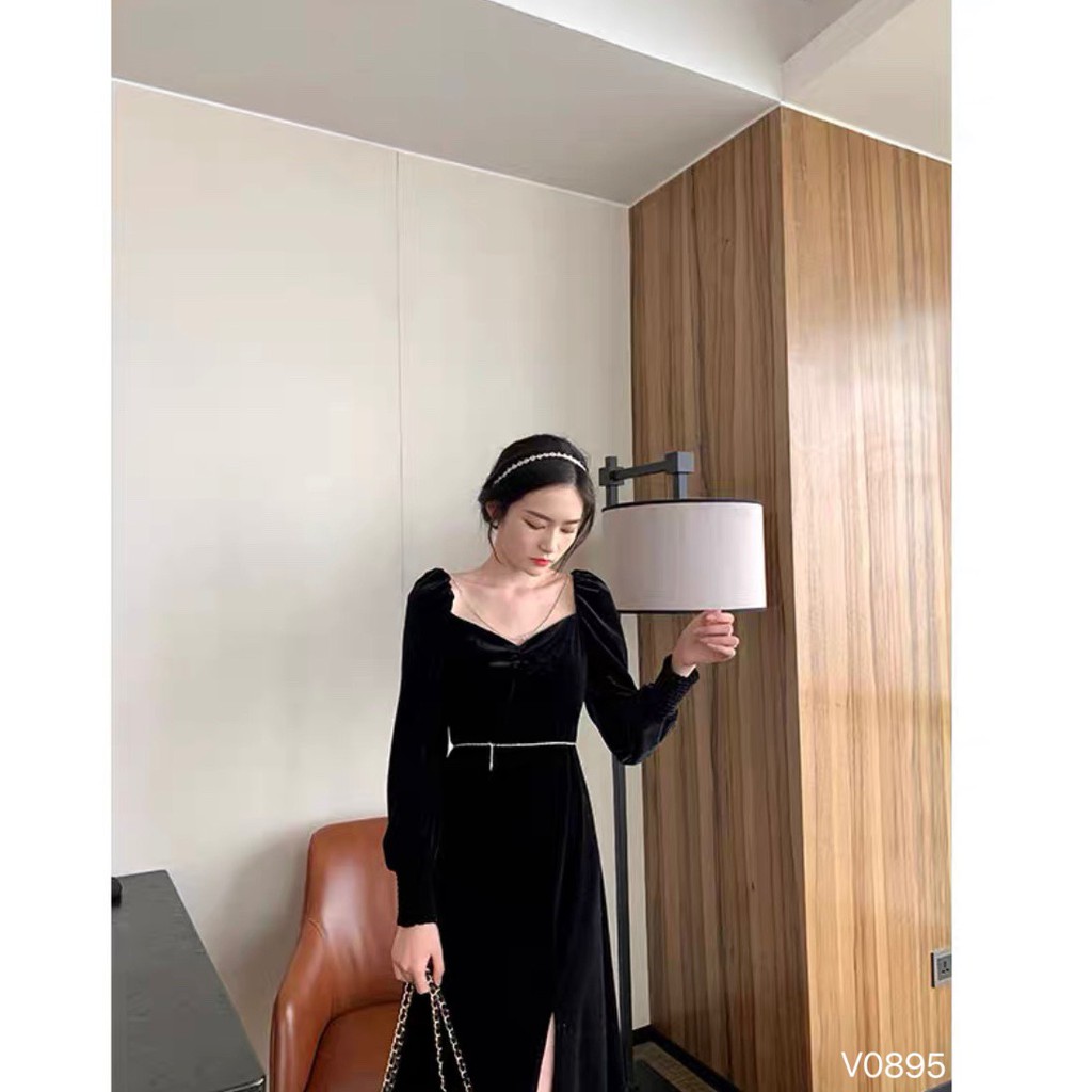 Đầm Cổ Vuông Dây Bling Tay Phồng LSEOUL V0895 Chất Dày Dặn Sang Trọng Kiêu Sa