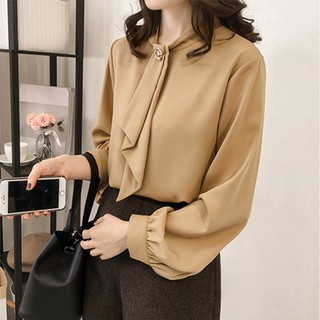 Áo chiffon nữ tay phồng cổ đứng
