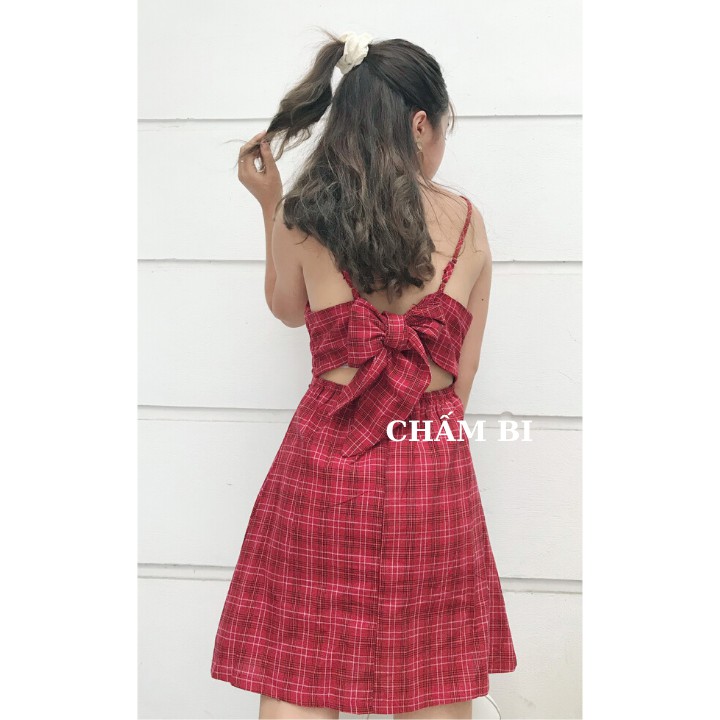 [Mã FAGREEN1505 giảm tới 30K đơn 99K] Đầm Xòe 2 Dây Kẻ Caro Đỏ Dáng Chữ A Hở Lưng Buộc Nơ Cực Xinh Freesize<52kg - V.009 | BigBuy360 - bigbuy360.vn