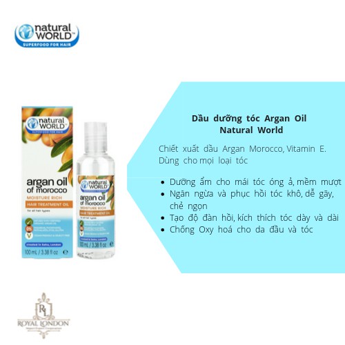 Dầu dưỡng tóc Argan oil of Morocco NATURAL WORLD 100ml nhập khẩu Anh Quốc