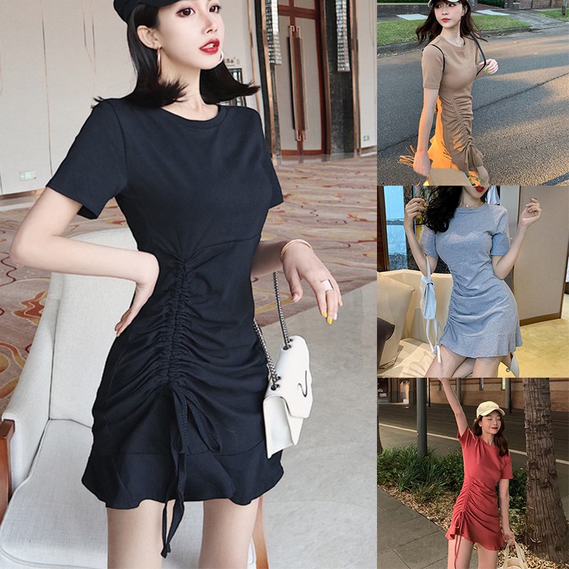 Váy Nữ Đầm Ngắn Tay Cổ Tròn Thiết Kế Rút Dây Thanh Lịch Cho Nữ