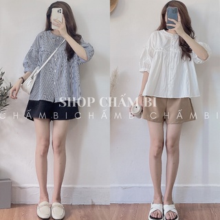 Set kiểu Hàn Quốc S.049, Set áo babydoll cổ tàu bèo ngực trắng cùng quần short nâu