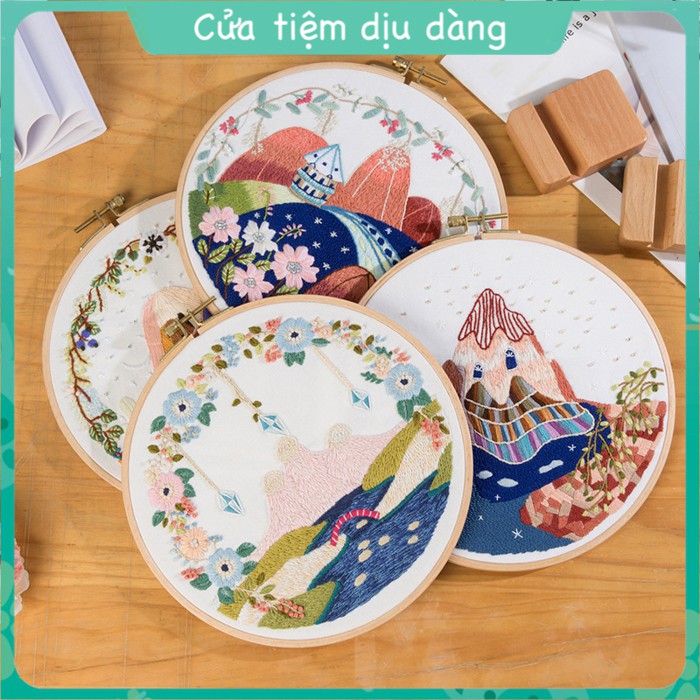 Kit thêu tay - Bộ nguyên liệu thêu tranh phong cảnh (kèm khung ,vải in sẵn mẫu và chỉ thêu, kim)