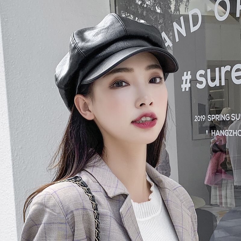 Mũ Beret Da Màu Đen Phong Cách Vintage Thanh Lịch Cho Nữ