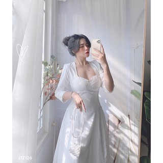 (SALE XẢ HÀNG) Đầm Midi Trắng Thắt Nơ Lưng