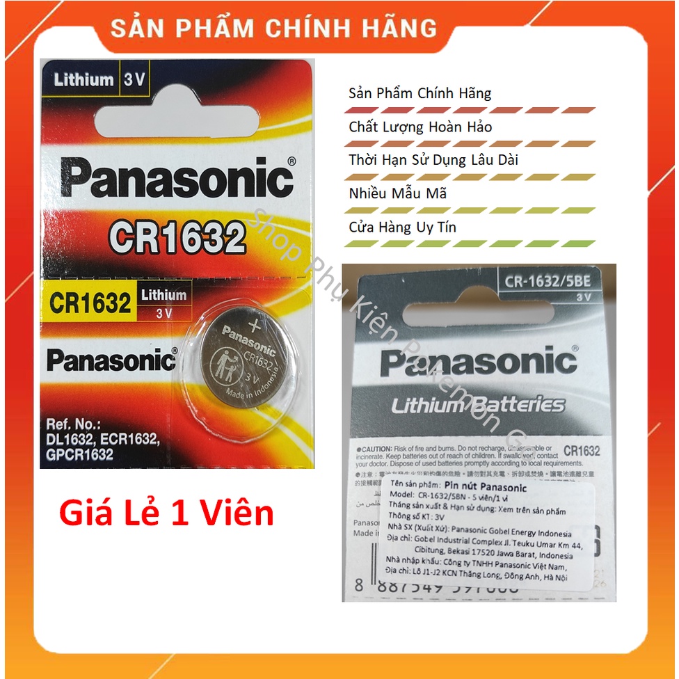 1 Viên Pin Lithium Panasonic CR2032 / CR2025 / CR2016 / CR1632 / CR1620 / CR1616 / CR1220 / CR2450 3V Hàng Chính Hãng