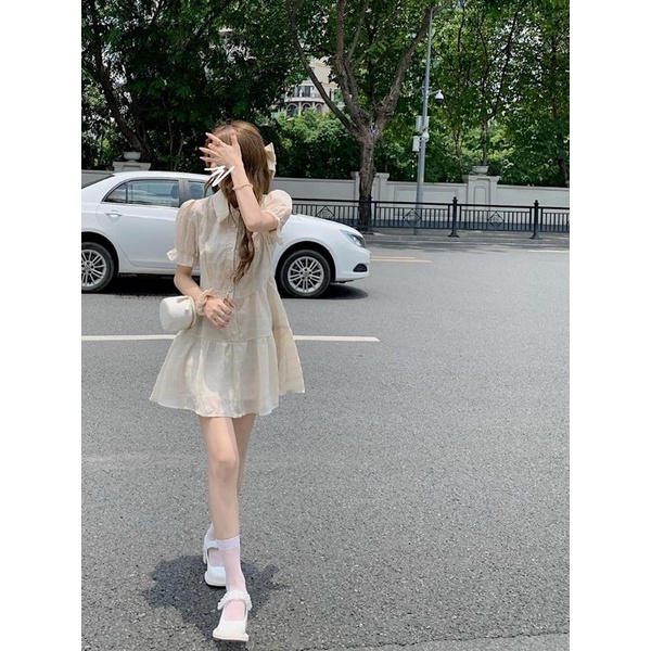 Váy Ngắn Vải Nhún Cổ Bẻ Tay Ngắn Phong Cách Retro ❤️