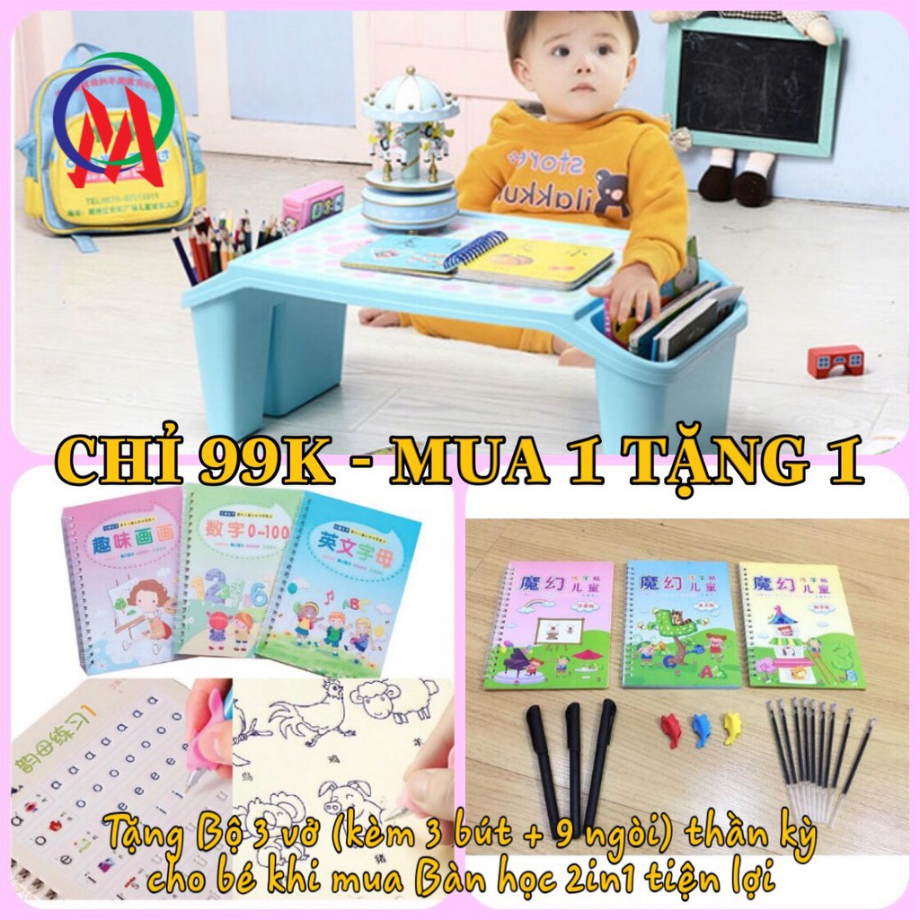 [MUA 1 TẶNG 1 CHỈ 99K] Combo bàn học 2in1 &amp; Bộ 3 vở thần kỳ cho bé