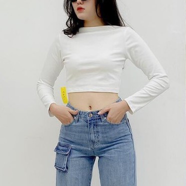 [Mã WARN30K hoàn 15% xu đơn 150k] Áo Croptop Tay Dài Dưới 55kg Cổ Trong Đen Trắng Thun Lạnh 