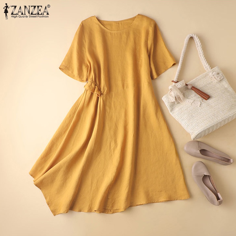 Zanzea Đầm Tay Ngắn Cổ Tròn Màu Trơn Thời Trang Dành Cho Nữ