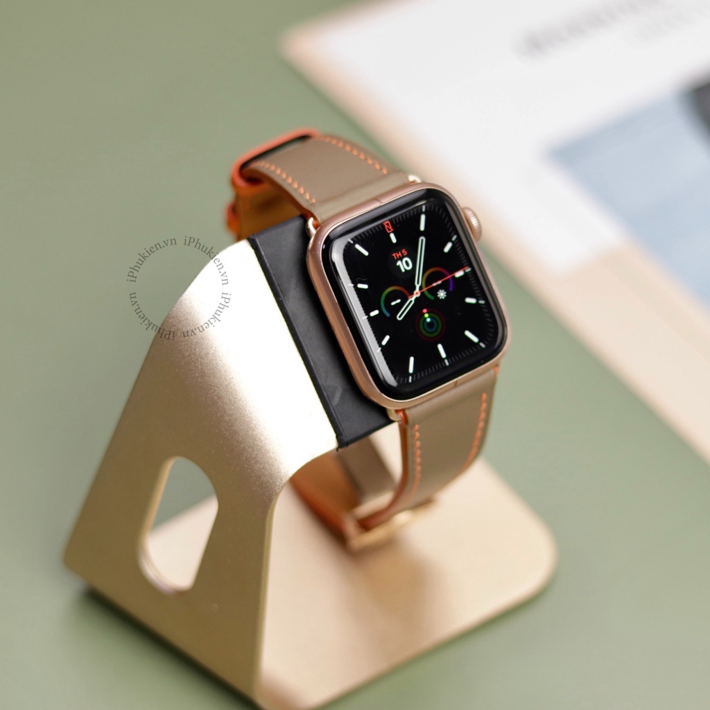 Dây Da Handmade [DA THẬT, BẢO HÀNH 1 NĂM] Swift Nâu Tây Chỉ Cam  cho Apple Watch Seris 1/2/3/4/5/6/7