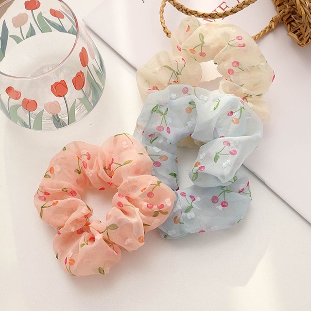 Dây cột tóc vải Scrunchies họa tiết quả Anh Đào