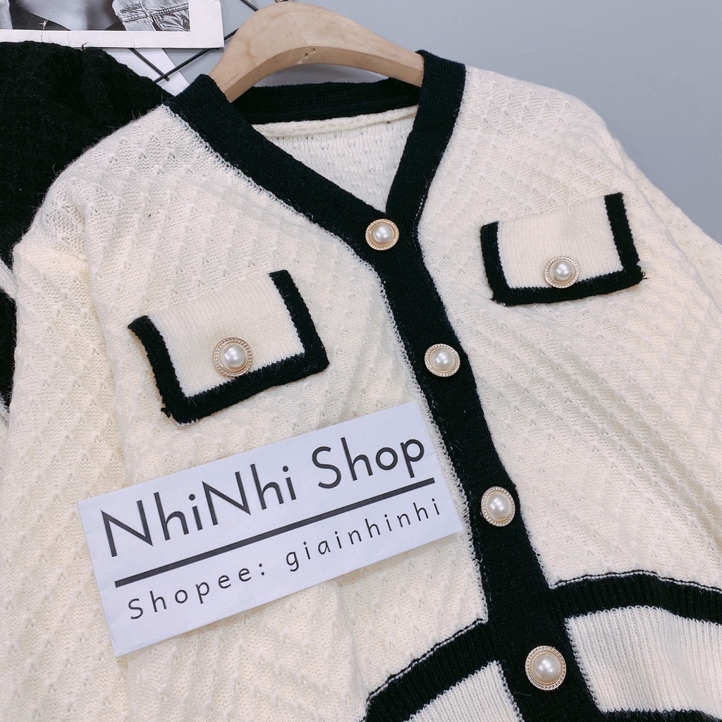 Áo cadigan len khuy ngọc viền túi dài tay cổ tim KL1847 - NhiNhi Shop