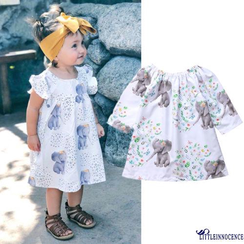 ❤XZQ-New 0-4 Years Baby Gilr´s White Elephant Printed Dress Tops Skirt Outfits Dresses