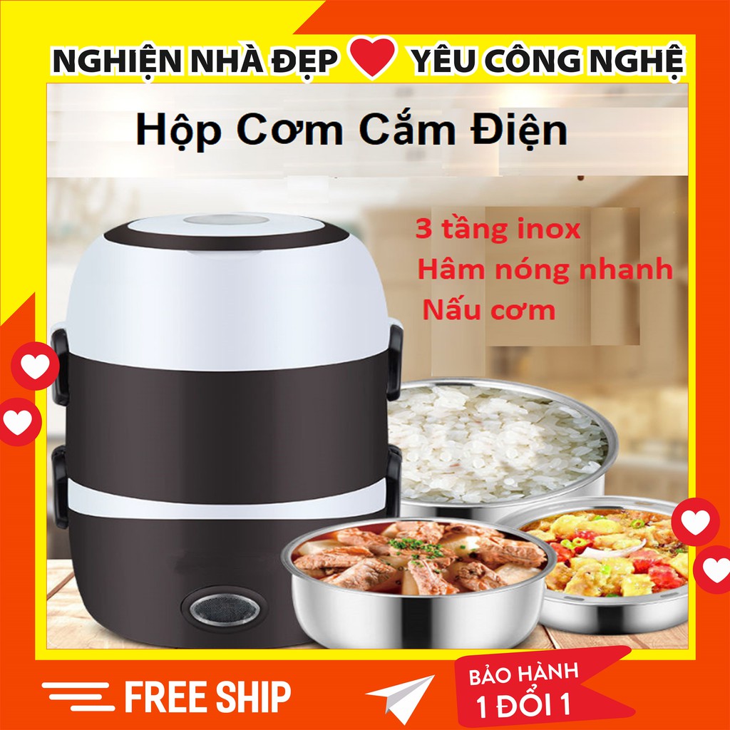 Hộp Cơm Hâm Nóng 3 Tầng Cắm Điện Inox - Cặp Lồng Cơm 3 Tầng Ủ Cơm Tự Động