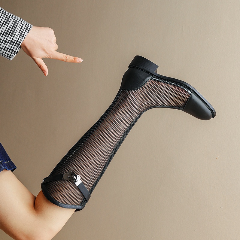 Giày bốt cổ cao bằng da phối lưới mỏng thoáng khí thời trang mùa hè cho nữ
