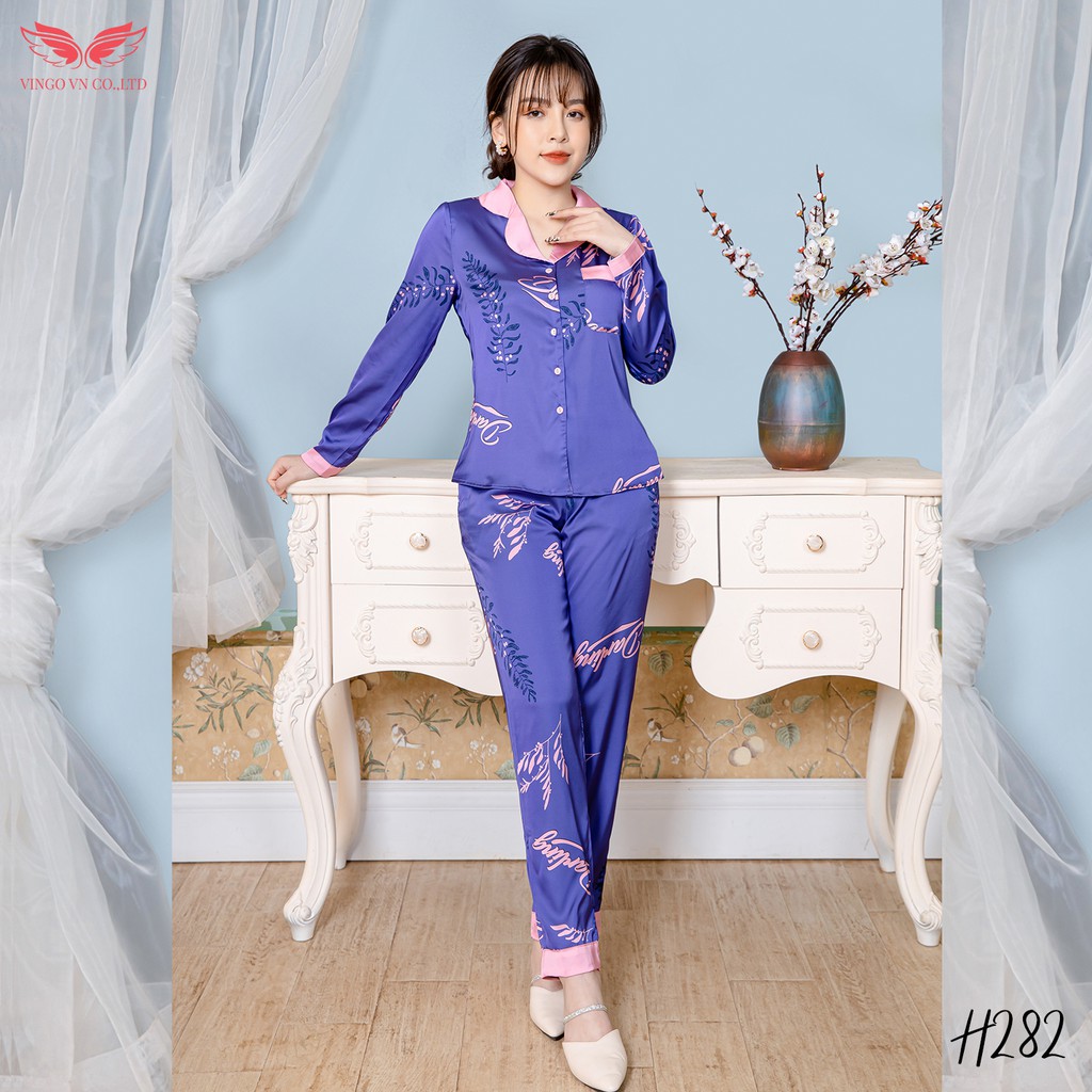 VINGO Bộ Pijama mặc nhà nữ tay dài quần dài Lụa Pháp cao cấp họa tiết cành lá phối chữ Darling hồng màu tím đậm H282 VNG