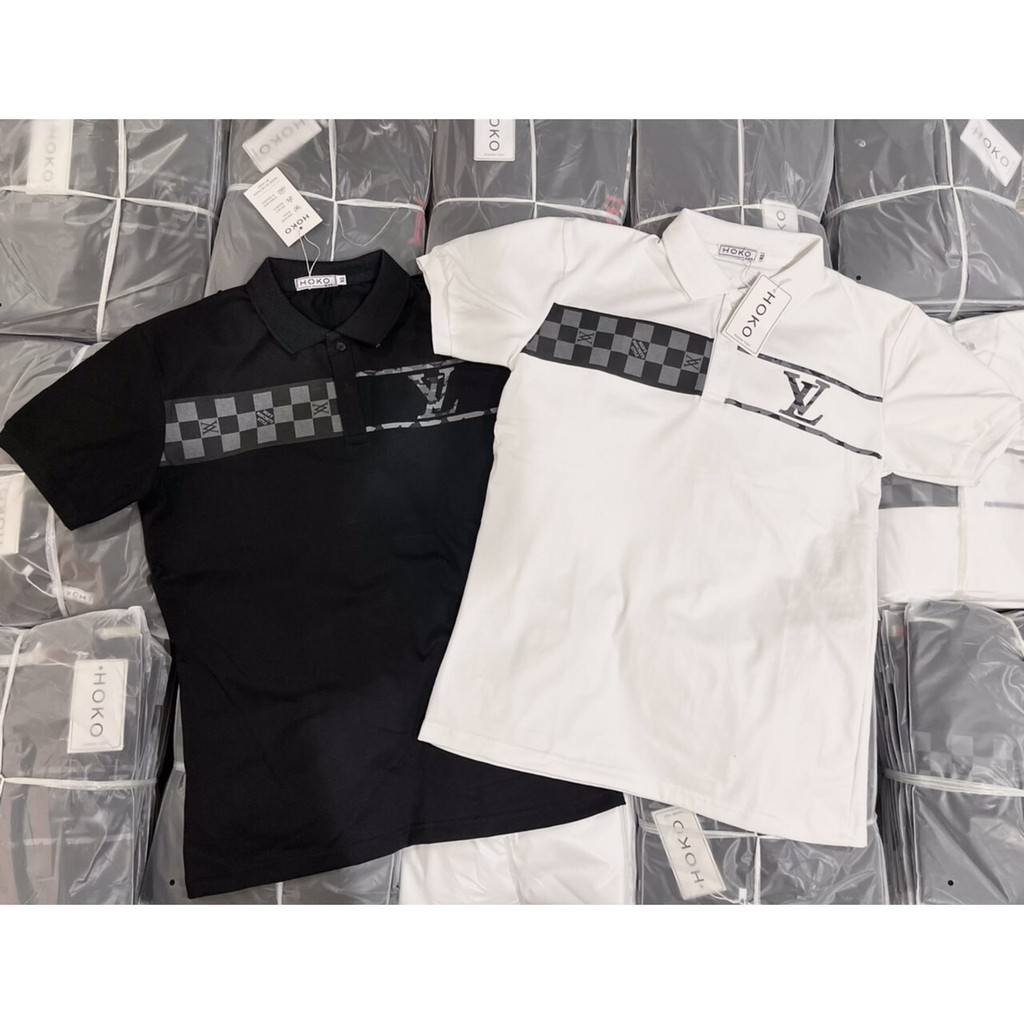 Áo thun nam cổ trụ tay ngắn phối ngực họa tiết ngang LV caro áo chất cotton thoáng mát thời trang hè hot trend