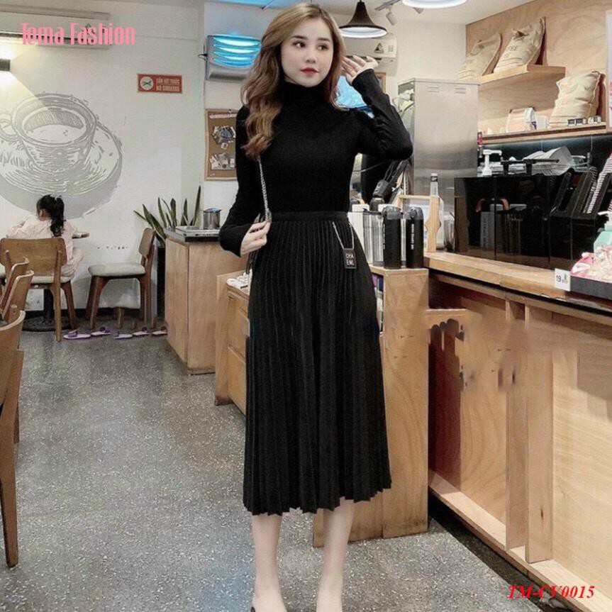 Chân váy xếp ly dạ dáng dài nữ TEMA - Chân váy midi cạp chun kèm tag huy hiệu | BigBuy360 - bigbuy360.vn