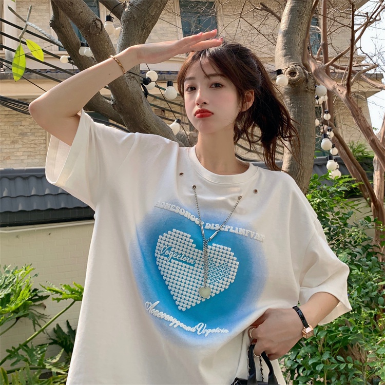 Mới Áo Thun Nữ Ngắn Tay In Hình Trái Tim