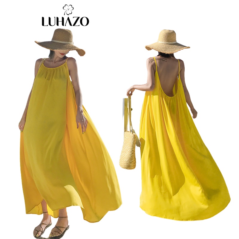 Váy 2 dây cổ yếm maxi LUHAZO dáng xoè đi biểnmàu vàng nổi bật nữ đẹp  dài rộng bigsize bikini Hàn Quốc 8586 DK