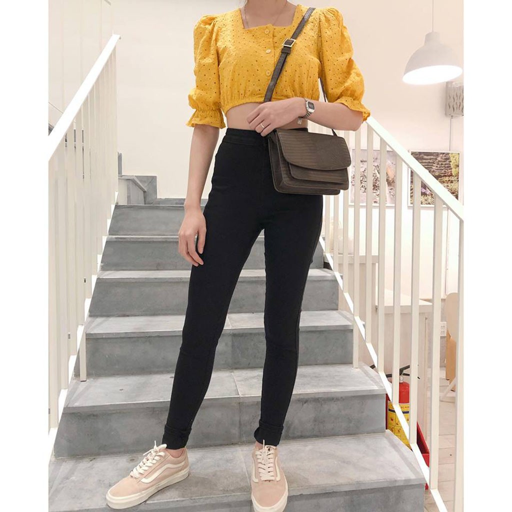 Combo Quần Lưng Cao Qua Rốn Đen Trơn Rách Gối