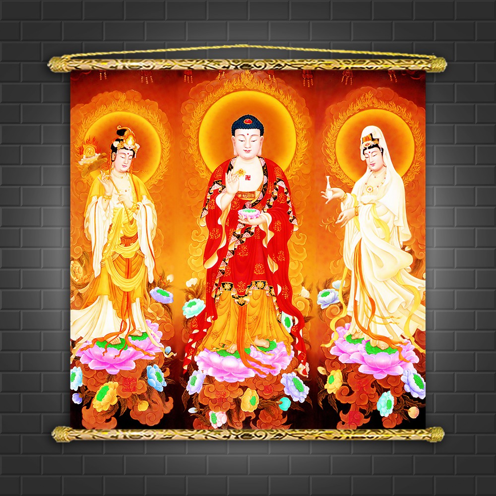 Tranh Liễn Phật Giáo - Tây Phương Tam Thế Phật  – Vải canvas cao cấp nẹp sáo gỗ tự nhiên