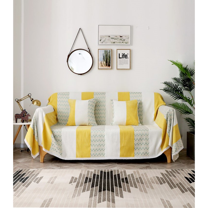 Chăn thảm phủ ghế sofa phong cách Bắc Âu/BOHEMIAN ZICZAC TRẮNG VÀNG