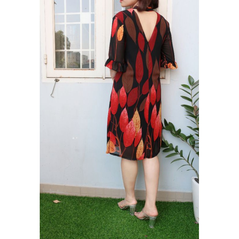 Đầm Bigsize - Đầm suông voan lá đỏ 0403