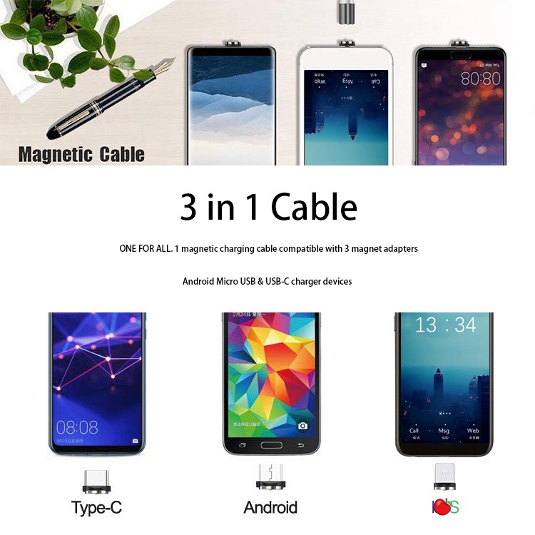 Cáp Sạc Điện Thoại Nam Châm 3 Trong 1 Dài 2M Có Đèn LED