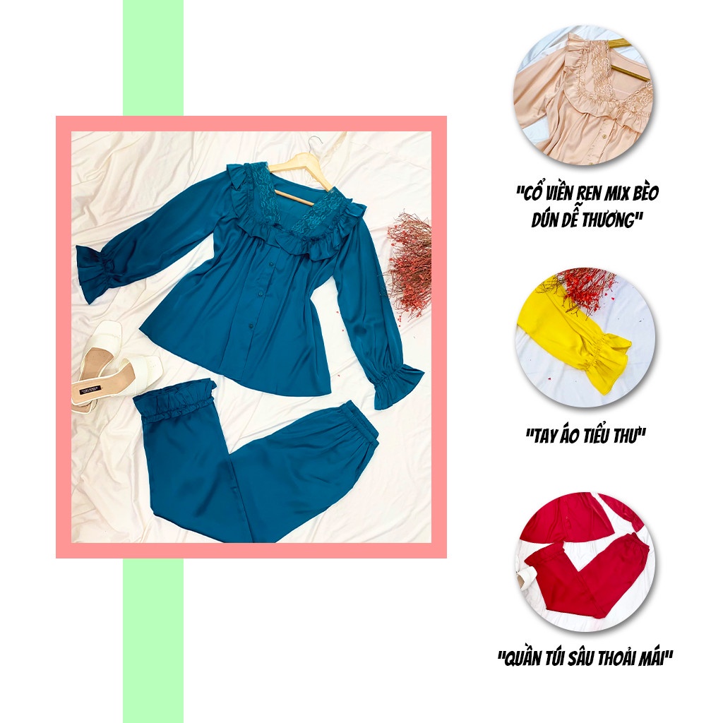 Đồ bộ mặc nhà SBORG bộ pijama dài tay lụa latin cổ áo viền ren mix bèo dún dễ thương phối quần dài có túi freesize 65kg