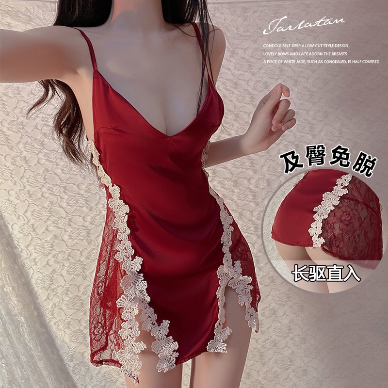 Váy ngủ/ Đầm ngủ 2 dây xẻ đùi viền hoa cao cấp 702