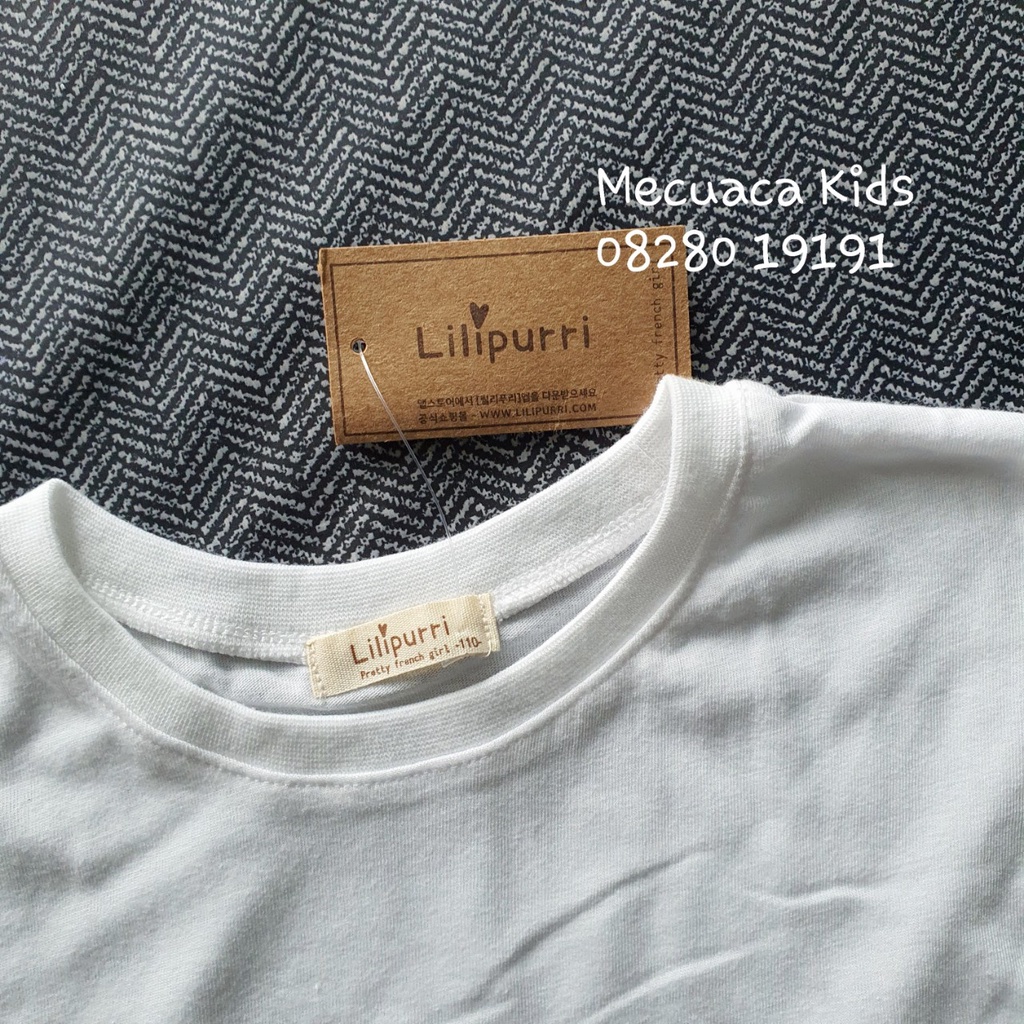 [110, 120, 140] Áo phông cộc tay dáng dài cotton trắng mềm mịn Happy Holidays Lilipurri cho bé gái xuất Hàn dư xịn