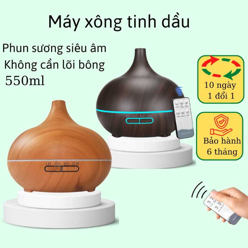 Máy xông tinh dầu ,Khuếch tán hương thơm, Phun sương tạo độ ẩm phòng ngủ dung tích 550ml vân gỗ có đèn LED