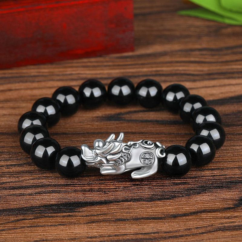 Vòng đeo tay chuỗi hạt đá obsidian màu đen may mắn dành cho nam