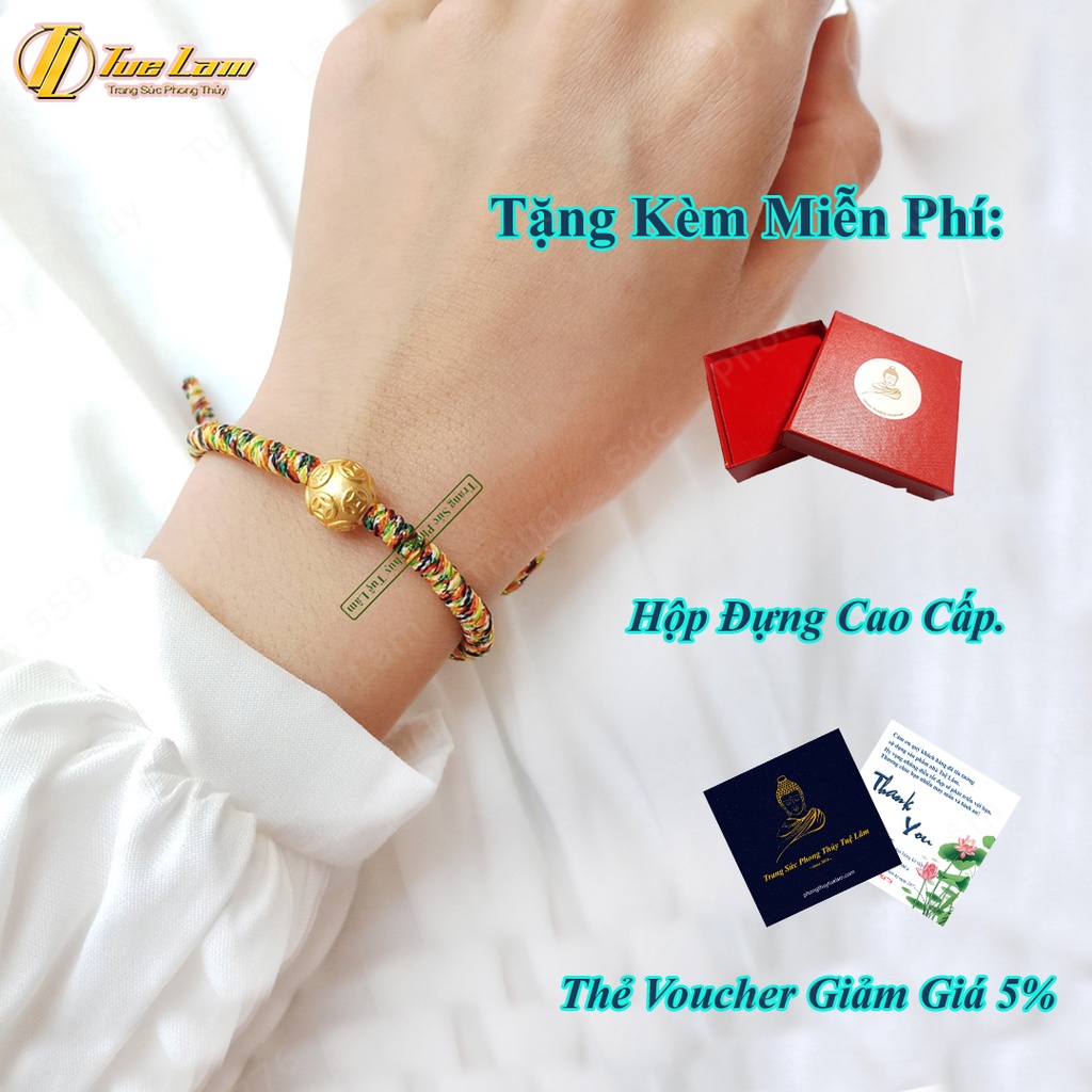 Vòng tay chỉ ngũ sắc tây tạng may mắn bện charm bi cầu bạc mạ màu vàng - Tuệ Lâm
