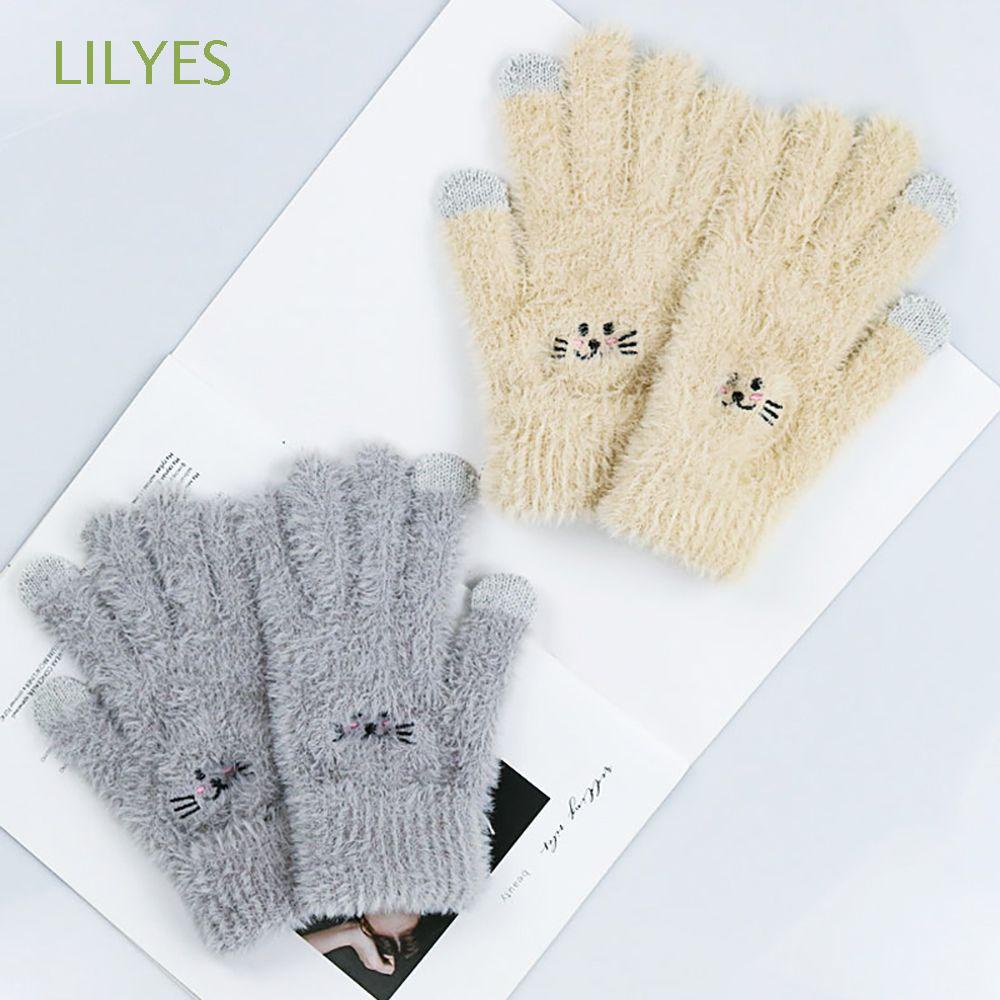 Găng tay lông mềm giữ ấm hình mèo dễ thương có thể dùng màn hình cảm ứng