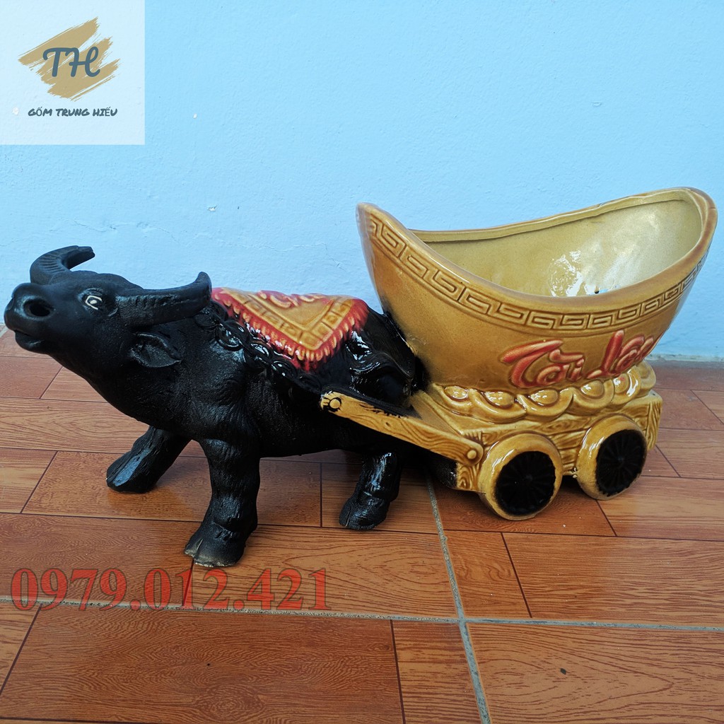 Chậu tượng con Trâu kéo Vàng gốm Bát Tràng
