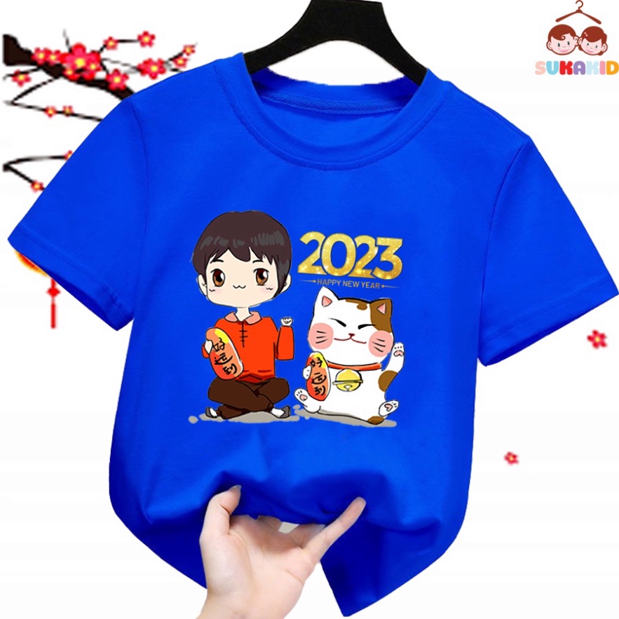 Gía sỉ Áo thun tết hình bé trai và con mèo tết, áo cho bé từ 6kg-30kg.AT05.