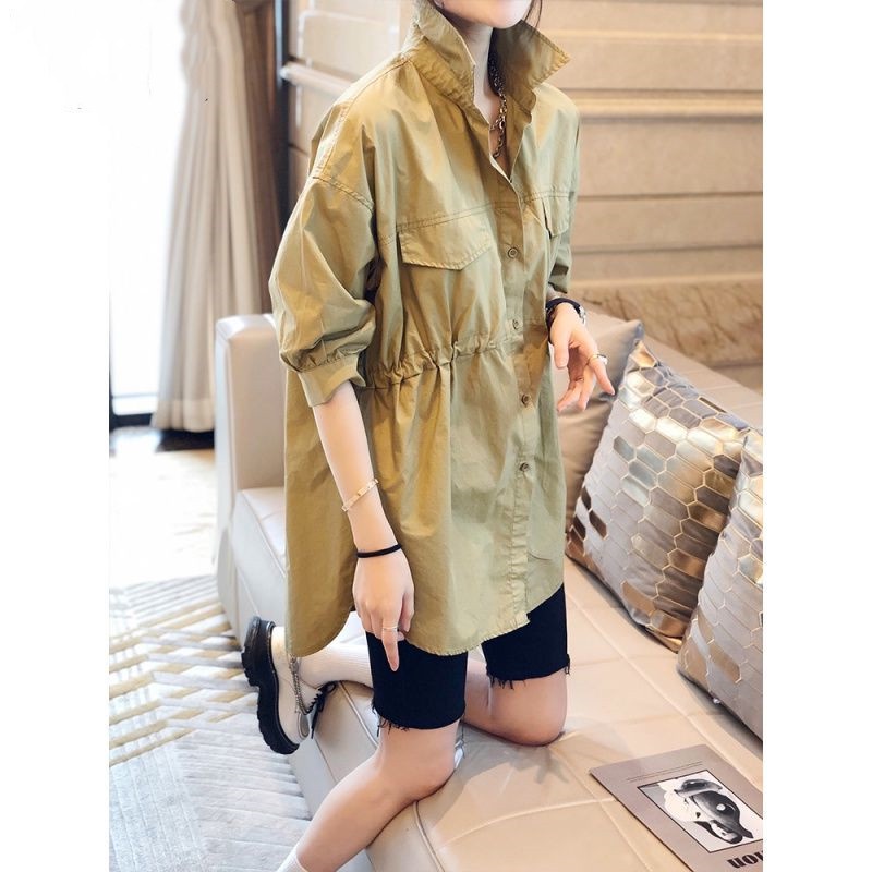 Đầm Sơ Mi Cổ Đứng Lưng Cao Dáng Rộng Cỡ Lớn Thời Trang Công Sở Cho Nữ