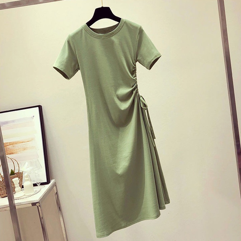 AOFEIQIKE Đầm ngắn tay màu trơn cổ tròn chiết eo phong cách hè 2021 cho nữ
