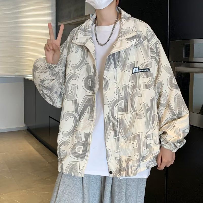 Áo Khoác Nhung Kẻ Dáng Rộng In Chữ Phong Cách Thời Trang Hàn Quốc Cho Nam Giới