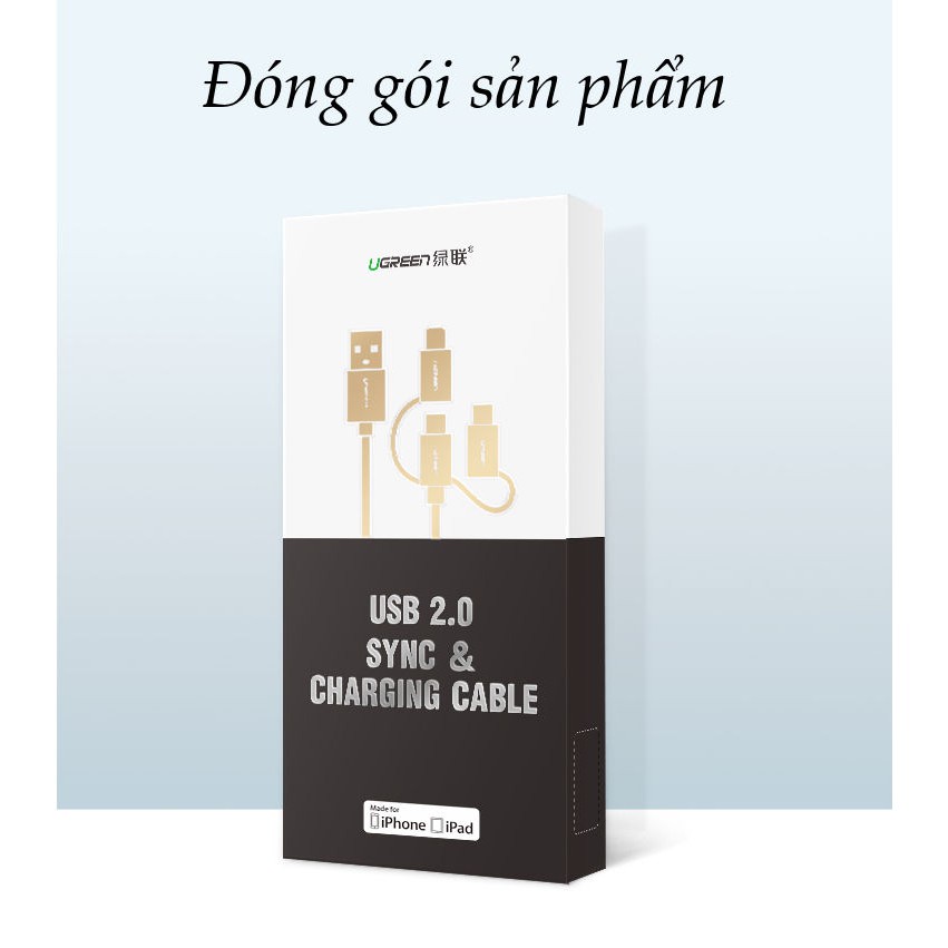 Dây sạc và truyền dữ liệu, dài 0.5-15m UGREEN US186 3 in 1, hỗ trợ cổng Lightning, Micro USB, USB type C