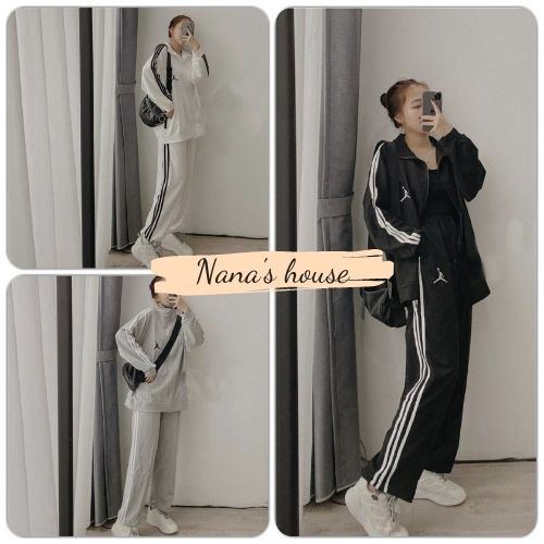 Set 3 Sọc Bóng Rổ Nữ 🎁 Nana's House - FREESHIP 🎁 Bộ áo khoác suông trơn dáng rộng kèm quần dài thể thao