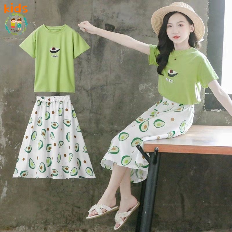 Bộ Áo Thun Cotton + Chân Váy Thời Trang Mùa Hè Kiểu Mới Dành Cho Bé Gái 8-10-12-13-15 Tuổi